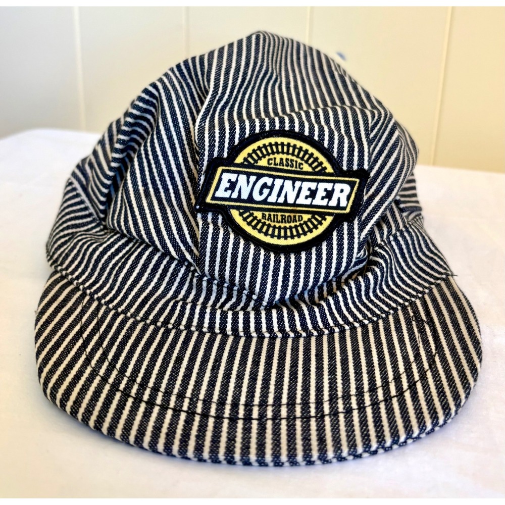 Kids Railroad Engineer Hat Blue White Hickory Stripeβ Conductor Cap Elastic Back